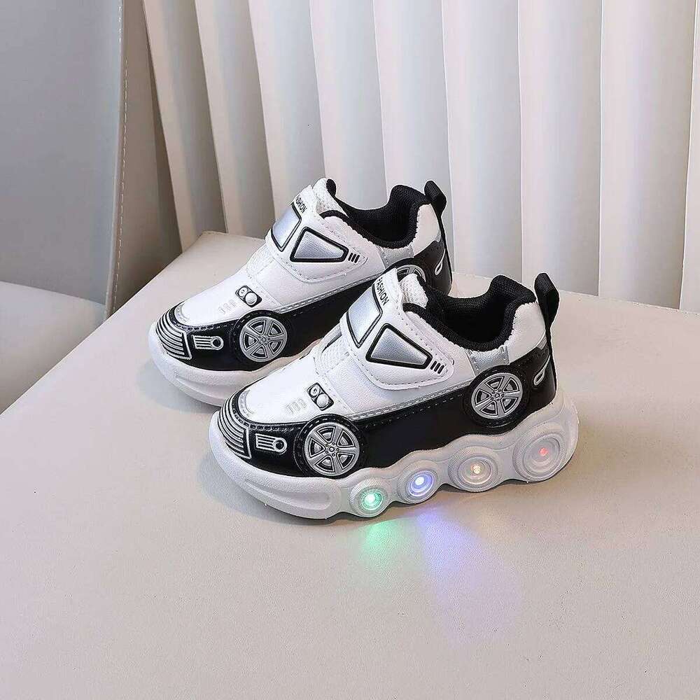 Diseny Kids'Casual Led Light Car Club Cartoon PU Leather Spring For Children Anti-slip Red Blue Shoes Size 21-30 H260312