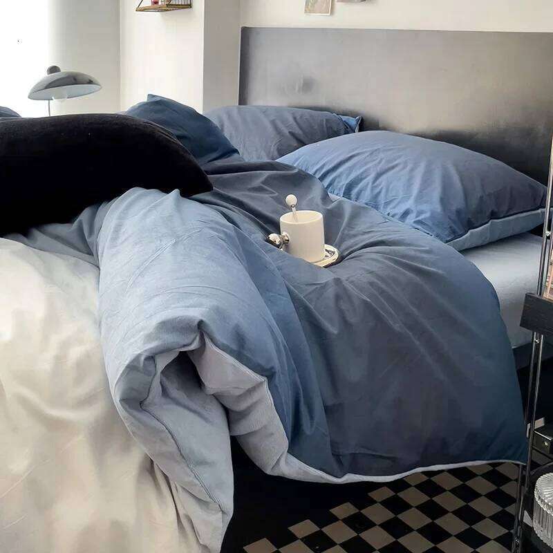 Gradient Bedding Set INS Blue Duvet Cover Flat Sheet Pillowcase Soft Thin Polyester Bedspread Full Size Bed Linen No Filler H260312