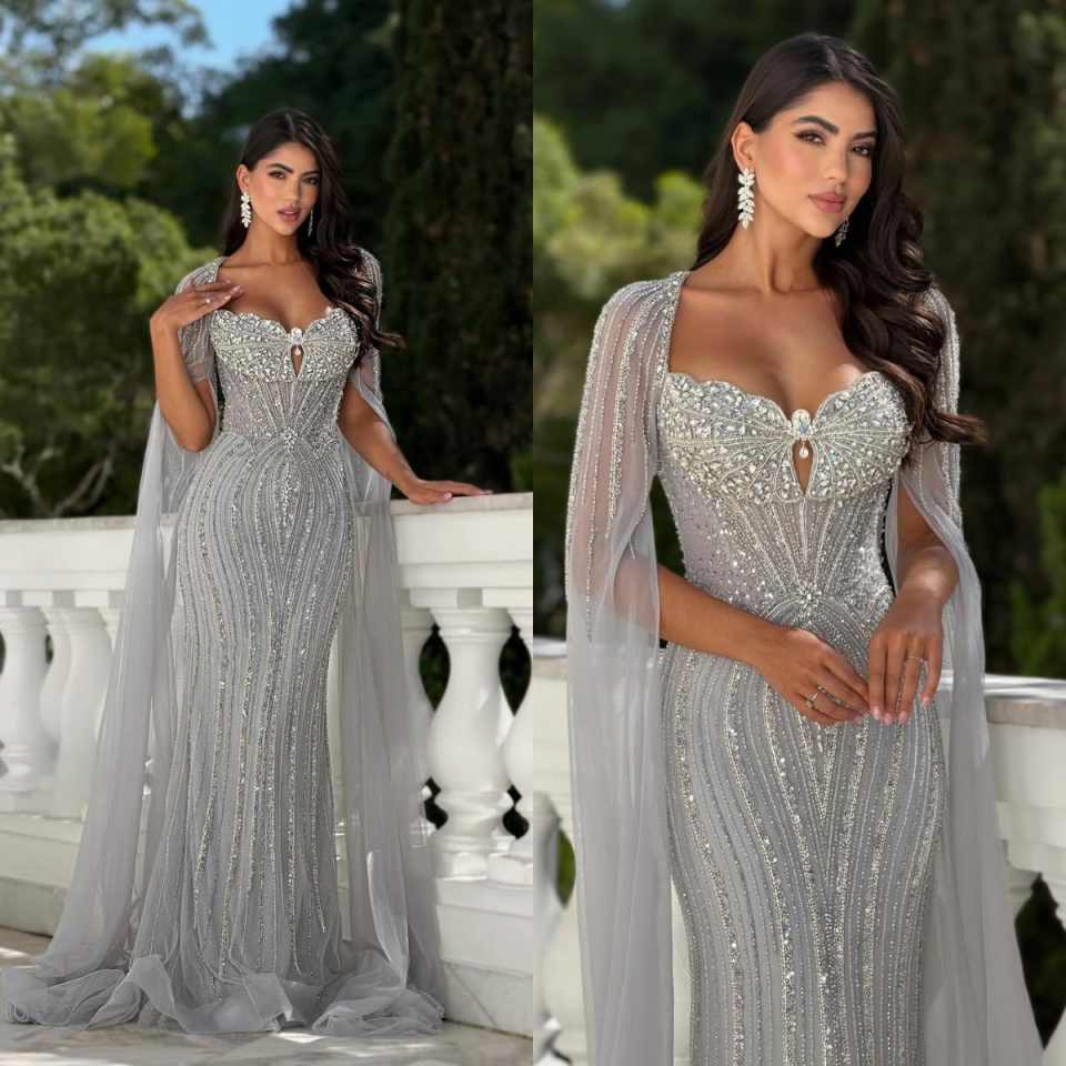 New Arrival Evening Dresses With Cape Mermaid Strapless Beading Crystals Sleeveless Backless Party Dress Dresses Celebrity Prom Gown Customized Vestid