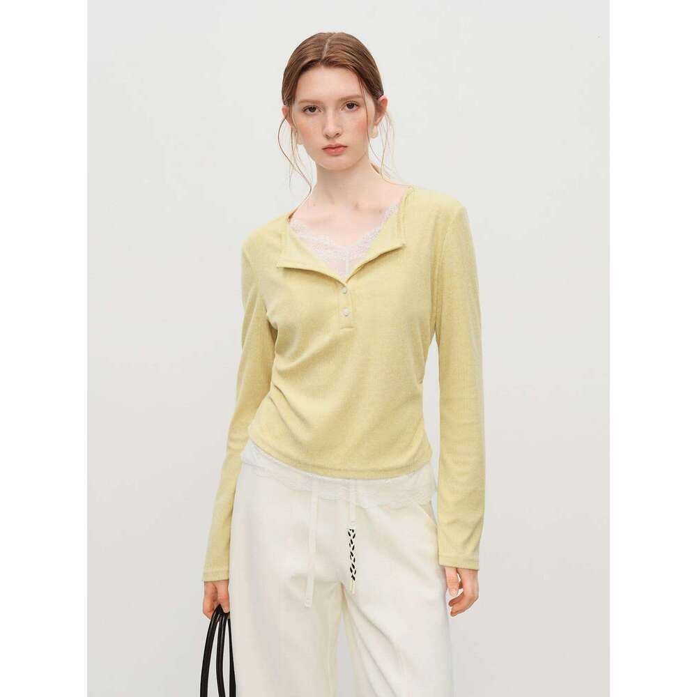 FSLE Autumn Winter Women's Contoured Fit Mock Layer T-Shirt - Textured Lace Trim Knit Base Top With Slimming Silhouette MAKOUFEI