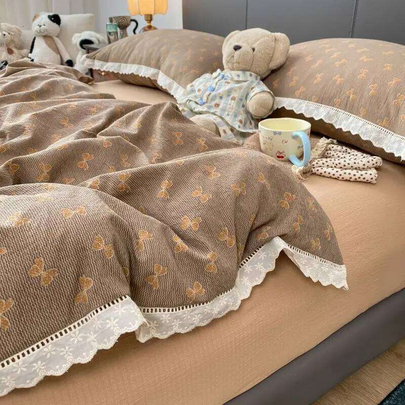 INS French Lace Trim Bowknot Double Layer Gauze Quilt Cover Four-Piece Set Simple Bed Fitted Sheet Dormitory Three-Piece H260312