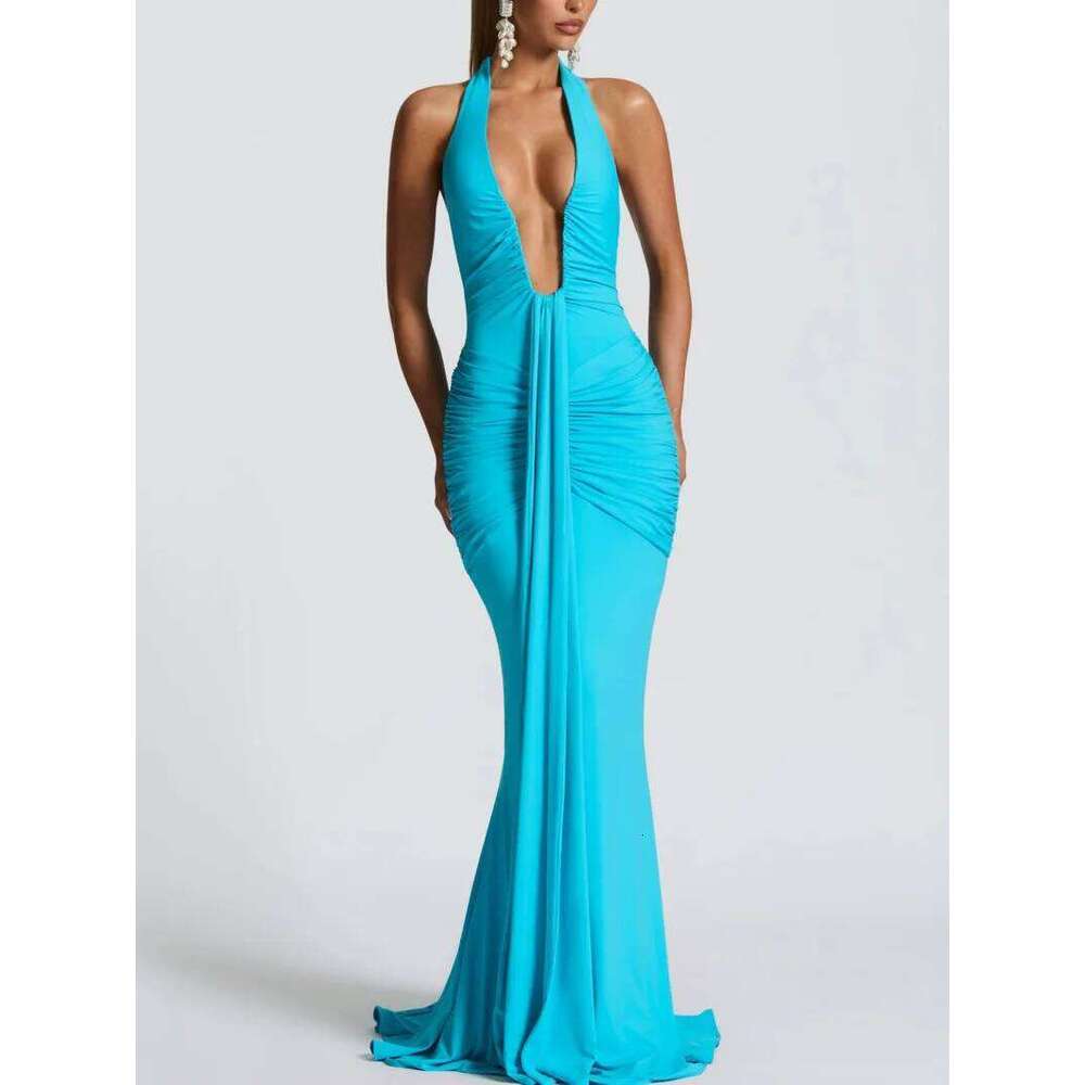 Deep V Neck Draped Ruched Sexy Maxi Women Summer Fashion Halter Sleeveless Backless Club Party Long Dress Elegant BM98 C260312