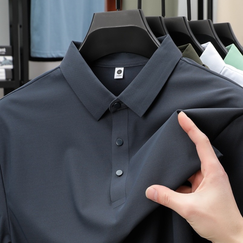 Ice Silk Summer Men's Business Casual Stretch Non-Iron Solid Color Streetwear Short Sleeve Turn-Down Collar Polo Shirt