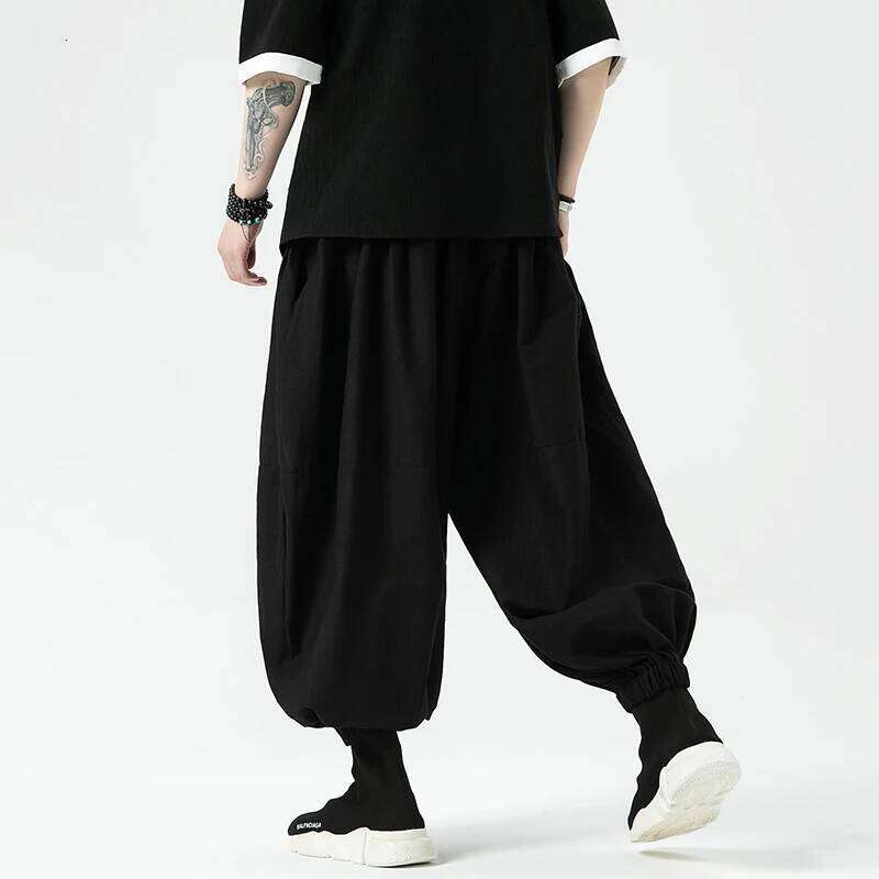 2024 Summer Wide Leg Dark Wind Solid Color Casual Japanese Styles Harun Men Cotton Linen Lantern Pants
