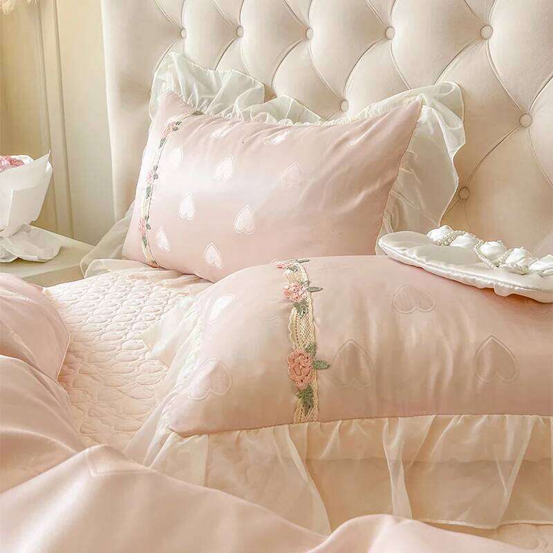 4Pcs Pure Cotton French Flowers Lace Ruffles Princess Wedding Bedding Set Duvet Cover Quilted Bedspread Bed Skirt Pillowcases H260312