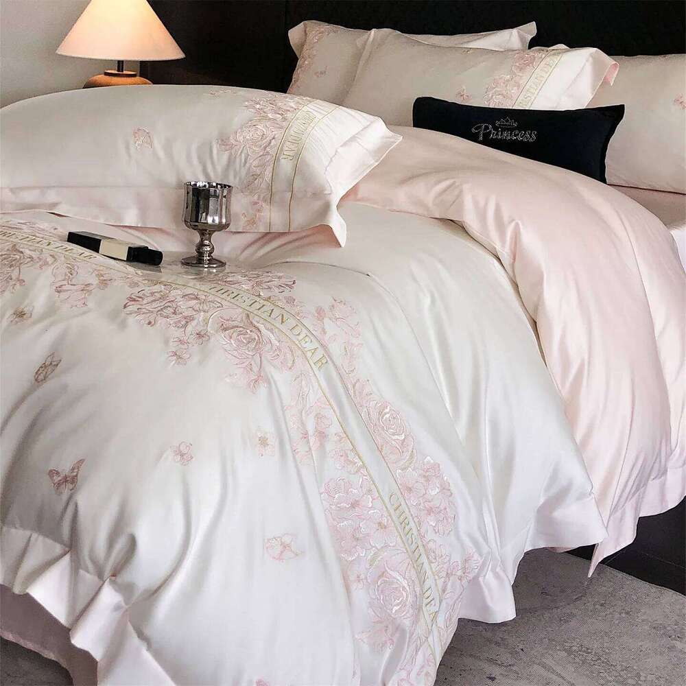 Pink Egyptian Cotton Flowers Embroidery Bedding Set Duvet Bedspread Sheet Pillowcases Mattress Cover King Queen Size H260312