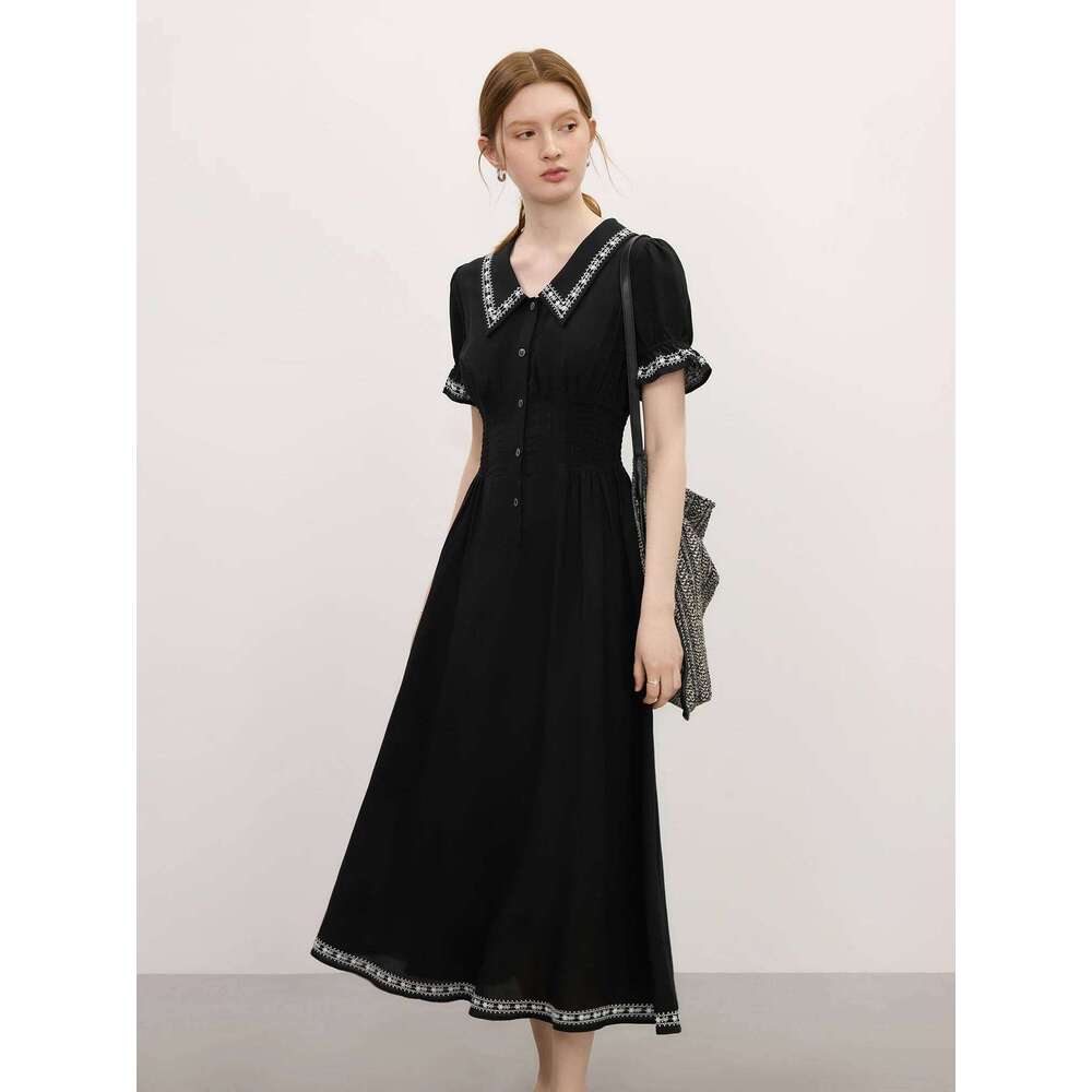 FSLE Linen Elegant Commuting French Audrey Hepburn Style Women's Summer Short Sleeve Little Black Dress 25FS12841 C260312