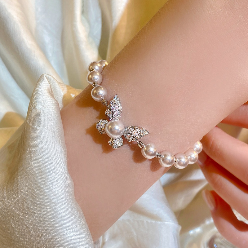 Manta Rose-Colored Pearl Bracelet for Women, French Style Micro-Inlaid Zircon Butterfly Bracelet, Niche Accessories Wholesale