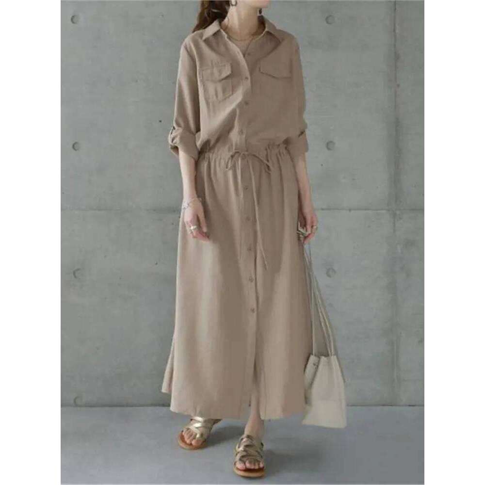 Solid Color Shirts Dresses Women Fashion Casual Lapel Long Sleeve Drawstring Elastic Waist Dress Female Commuting Clothing C260312