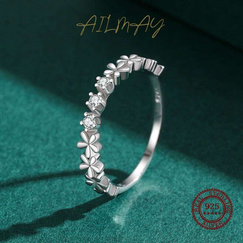Ailmay High Quality 925 Sterling Silver Fashion Clear CZ Daisy Flower Line Stackable Rings For Women Romantic Wedding Jewelry H260312