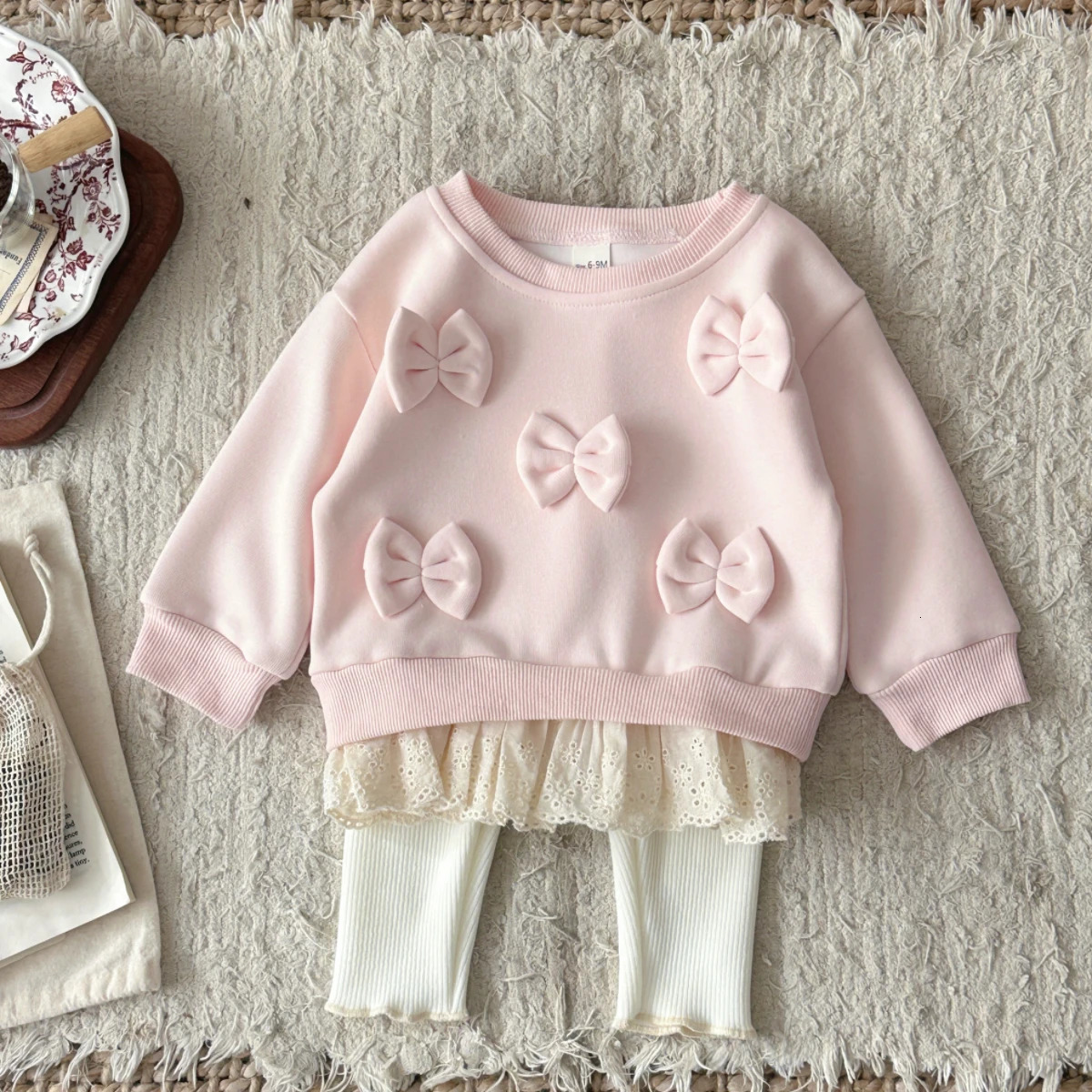 Cotton Baby Girl Clothing Bow Decoration Lace Hem Sweatshirt Elastic Waistband Pants Clothes Fall Outfits for bo 260311