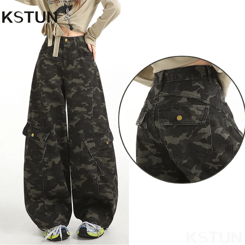 Women High-Waist Camouflage Multi-pocket Cargo Pants Loose Wide Leg Jeans Work Pants Vintage Boyfriend Oversized Baggy Pants 260310