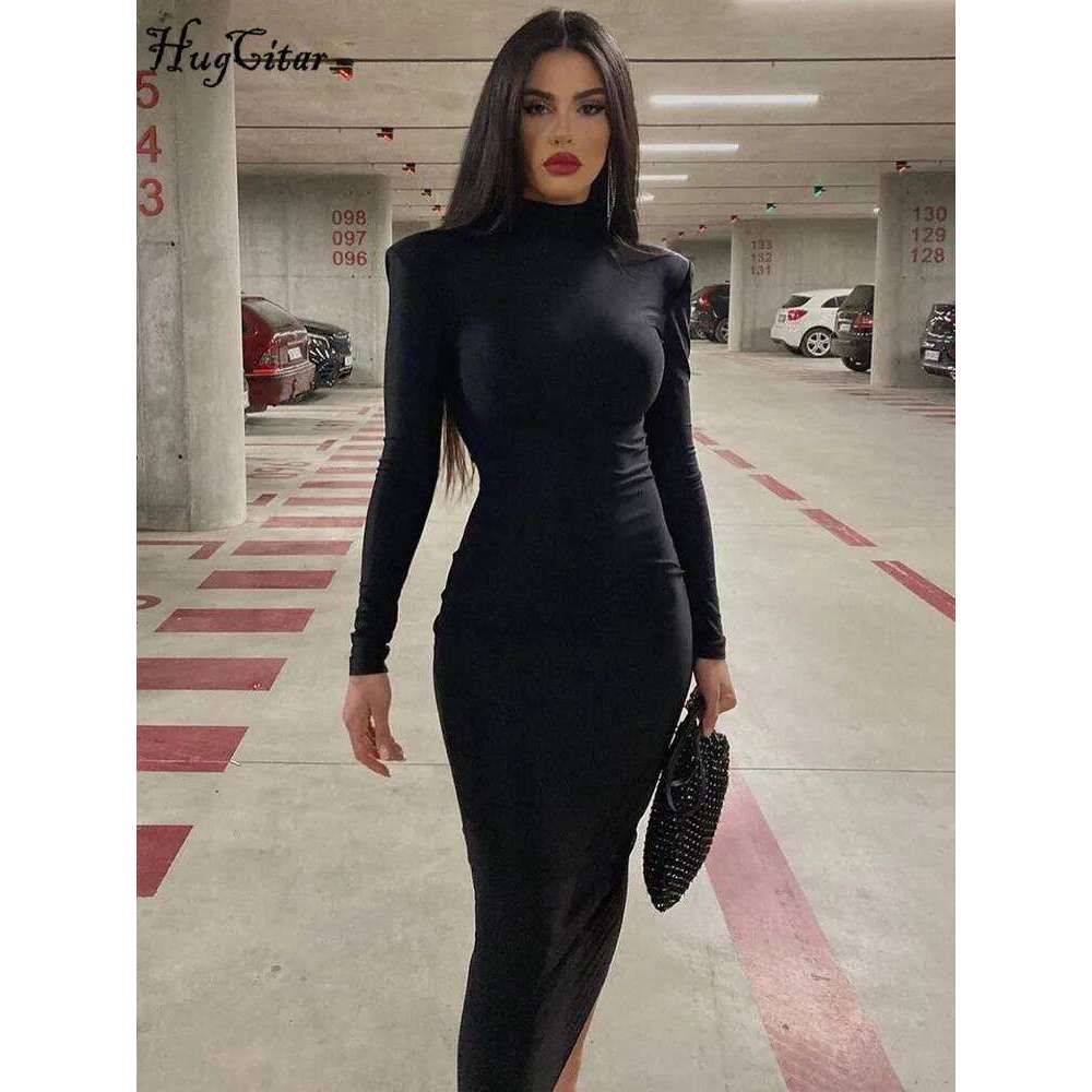 Hugcitar Women Fashion Turtleneck Long Sleeves Black Sexy Bodycon Maxi Prom Dress Fall Casual Clothes Streetwear Party Festival C260312