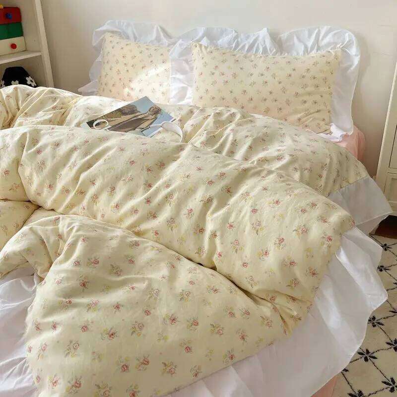 Korean Style Small Floral Washed Cotton Skirt Four-Piece Set Pastoral Lace Quilt Cover Student Dormitory Bed Sheet H260312