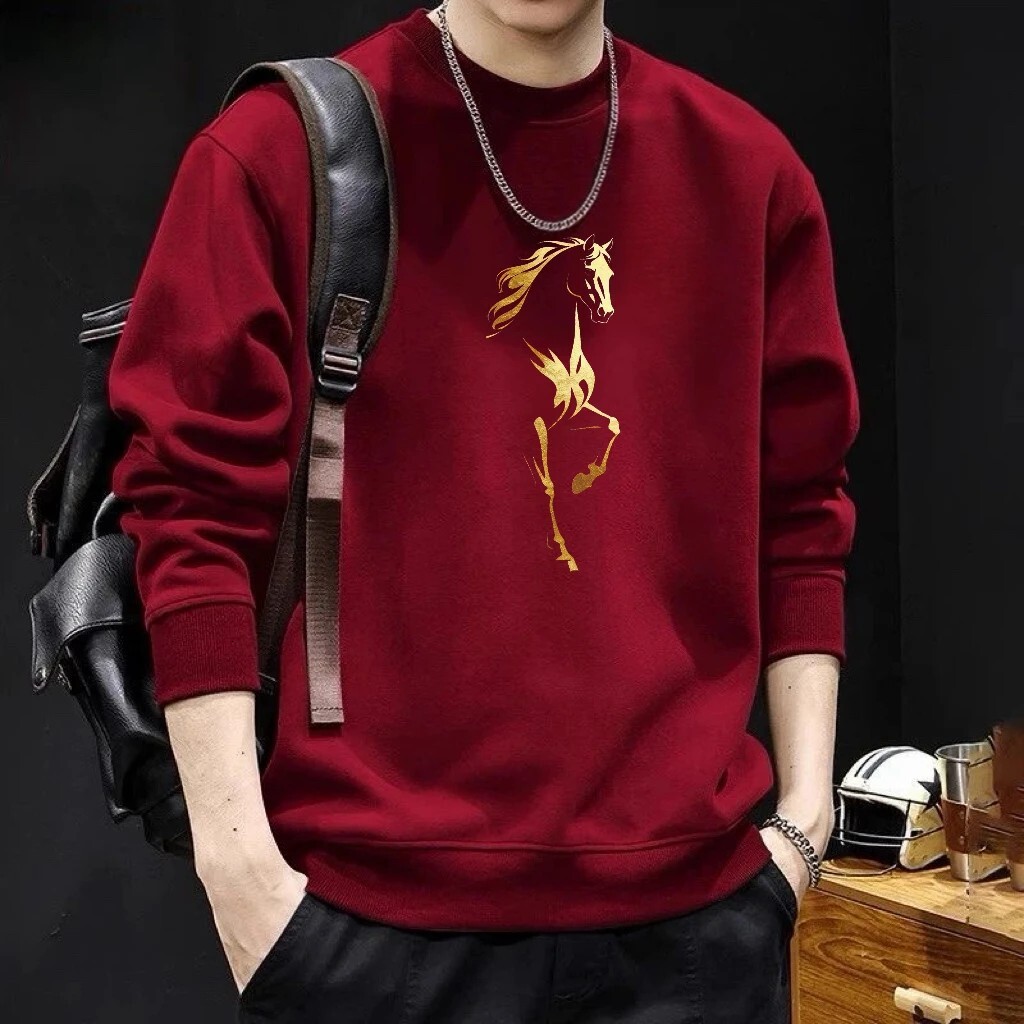 2026 New Trendy Red Swetshirt With Horse Print For Men Autumn/winter Round Neck Design Fleece-lined Long Designer Hoodie Sleeve Bse Shirt