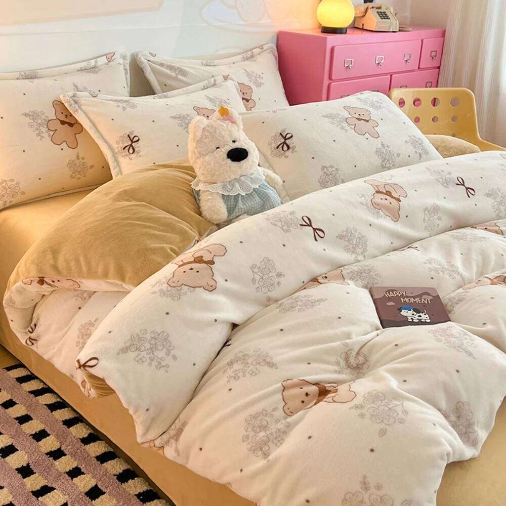 Thickened Winter Warm Bedding Soft Cartoon Printed Milk Velvet Four-Piece Set Bedroom Decor Quilt Cover Bed Sheet Pillowcase H260312