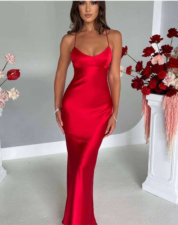 Sexy halter satin dress, a new autumn fashion backless strappy cinched-waist long dress C260312