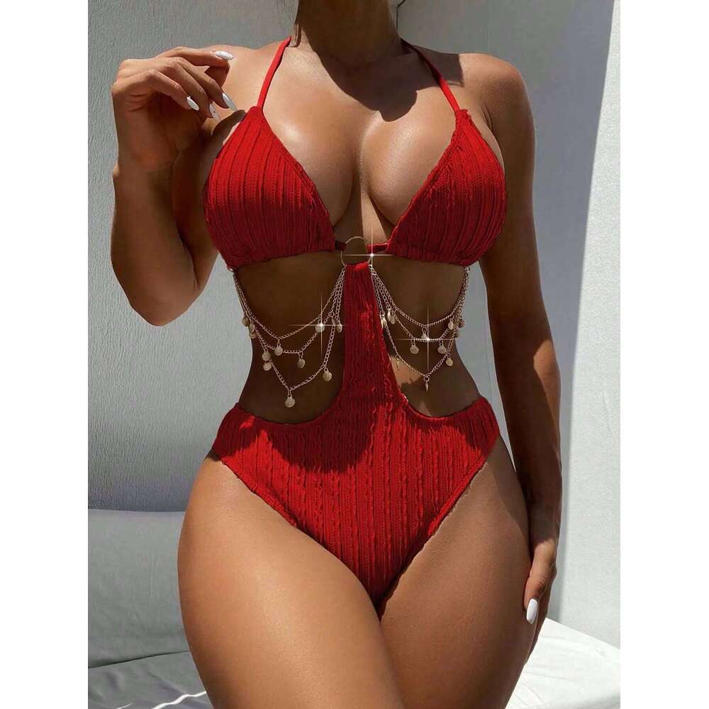 2025 Solid Bikini Set Women's Sexy High Waist Cross Back Two-Piece Swimwear Summer Lace Up Bandage One Piece Bodysuit Beachwear Y260303