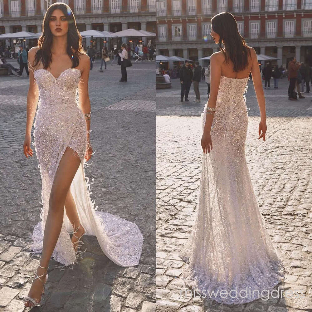 Sparkly Strapless Mermaid Wedding Sequins Feather Bridal Gowns Side Split Backless Illusion Bride Dresses Custom Made