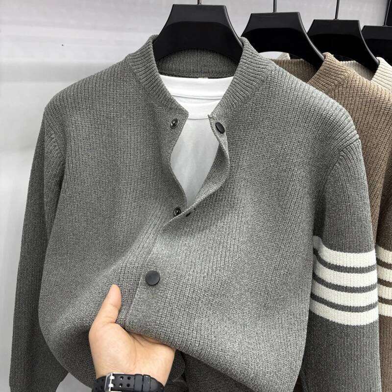 2025 Autumn/Winter Men's Fashion Striped Button-down Baseball Collar Versatile Casual Cardigan Sweater