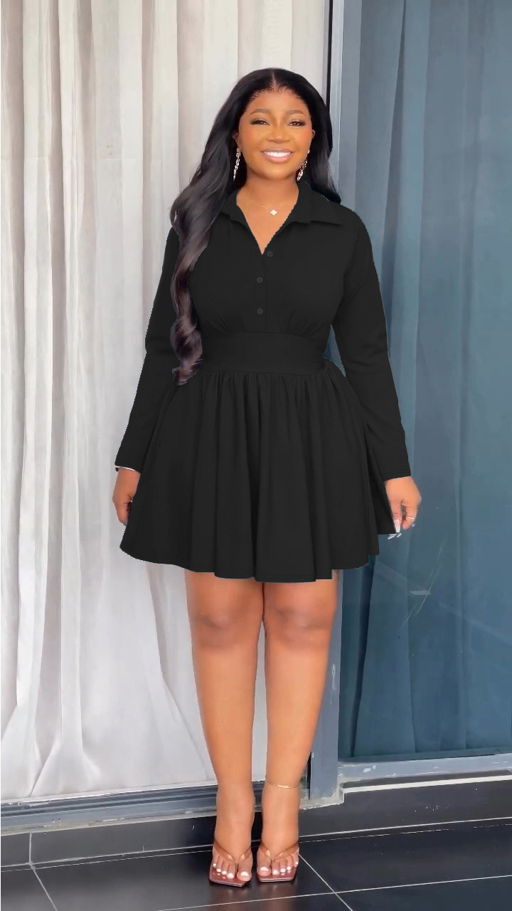 Womens Fashionable Elegant Collared Buttoned Pleated Ruffle Long Sleeve Dress