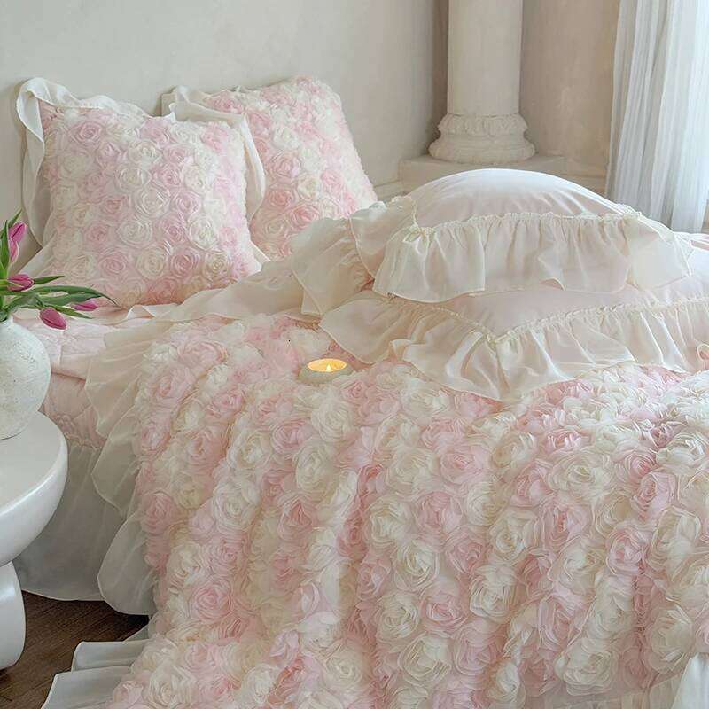 Three-Dimensional Rose Lace Ruffles Princess Wedding Bedding Set Egyptian Cotton Duvet Cover Bed Sheet Or Bedspread Pillowcases H260312