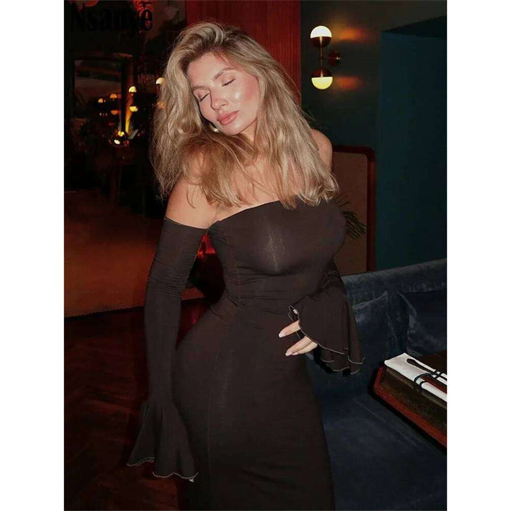 Nsauye Autumn Chic Elegant Women Sexy Evening Birthday Party Night Club Off Shoulder Long Sleeve Maxi Bodycon Dress 2024 C260312