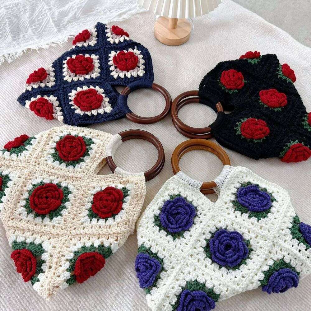 Rose Fashion Women's Crochet Handmade Flower Tote Bag Lady Exquisite Small Handbag WONST
