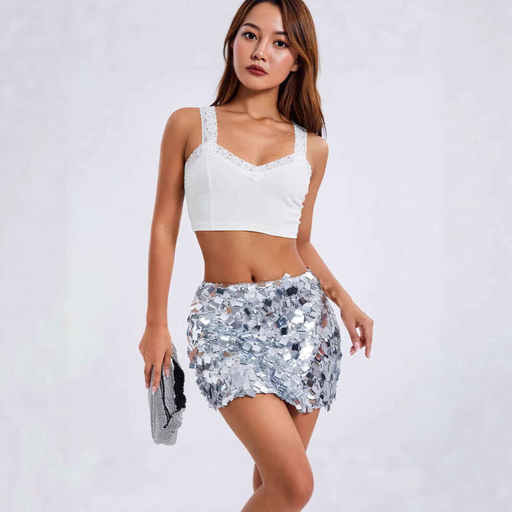 European and American Style New Foreign Trade Cross-Border Sexy Reflective Sequin A-Line Bodycon Mini Skirt