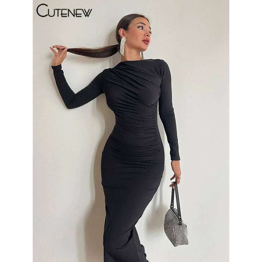 NIBBER Women's Elegant Solid O-neck Patchwork Maxi Dress Full Long Sleeves Body-shaping Robe Lady Evening Attirewear Vestidos C260311