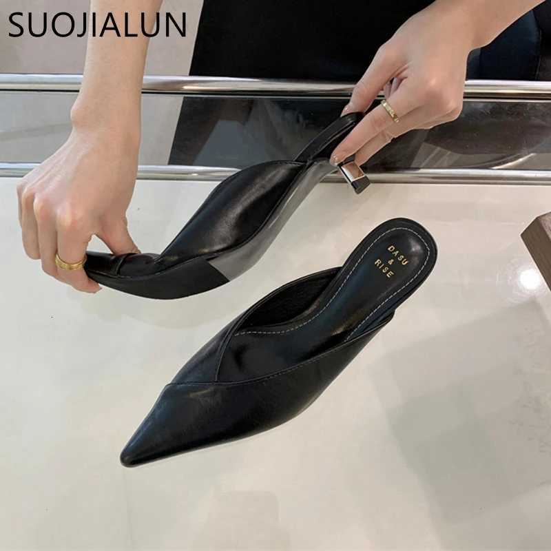 SUOJIALUN 2024 Spring New Women Slipper Fashion Pointed Toe Shallow Slip On Mules Shoes Thin Low Heel Dress Sandal Shoes P K260312