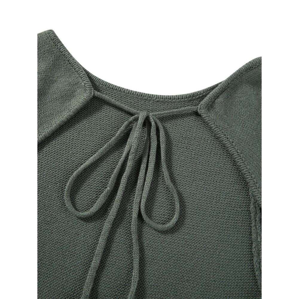 Women's Autumn Winter Knitted Bodycon Sleeve Tie Backless Round Neck Solid Color Ruffle Trim Long Dress Beachwear C260312
