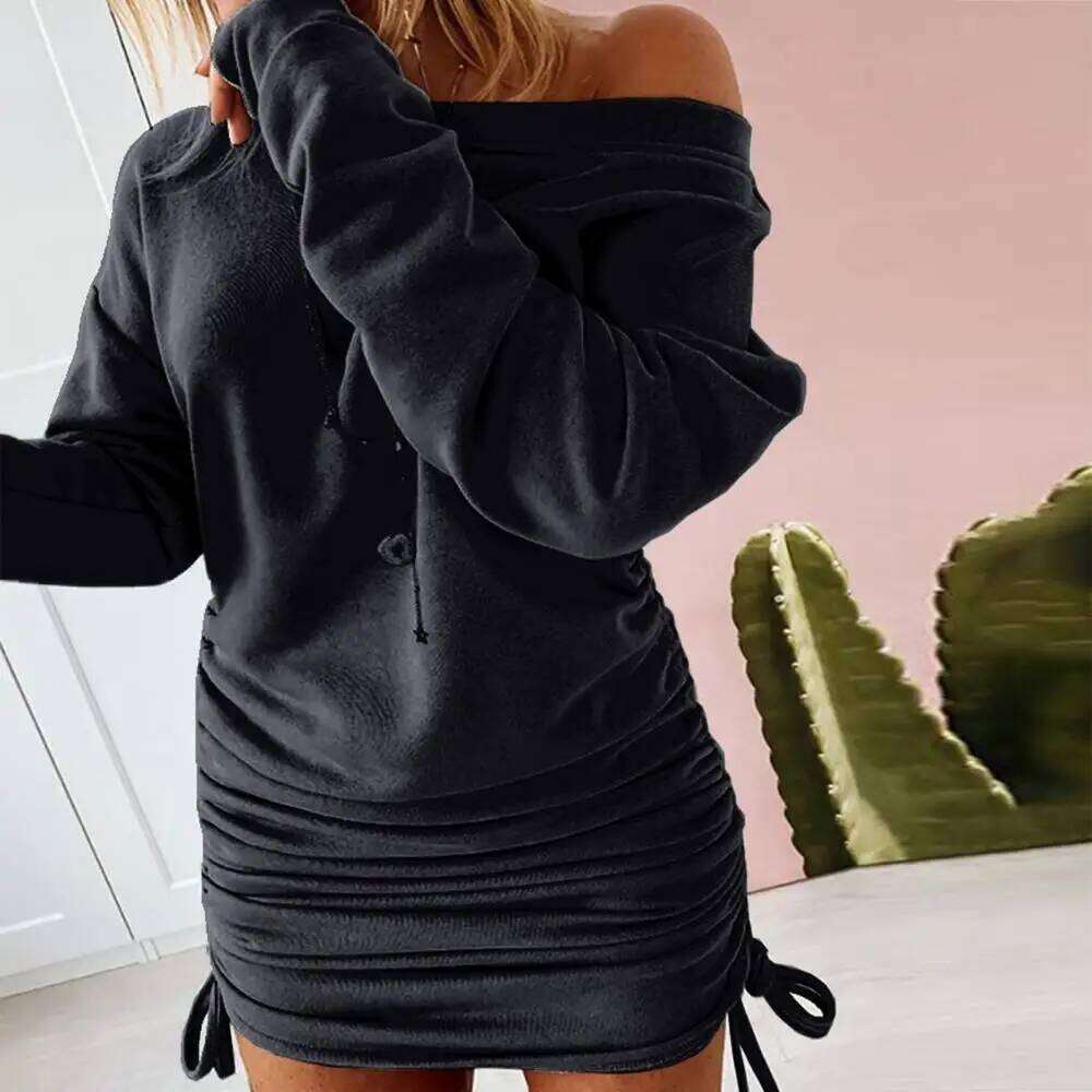 Women Sweater Long Sleeve One Shoulder Drawstring Bodycon Ladies' Autumn Winter Pleated Sexy Hip Hugging Dress C260312