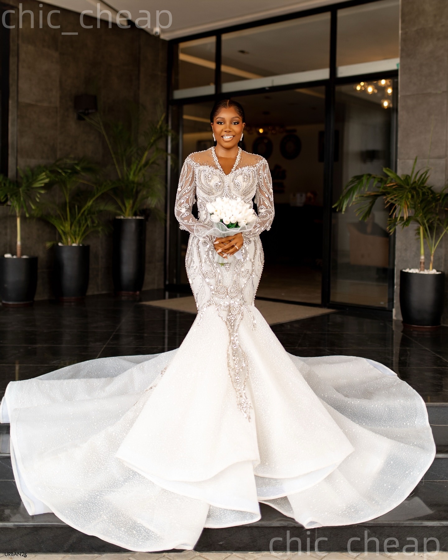 African Aso Ebi 2026 Ivory Mermaid Wedding Dress Crystals V-neck Full Sleeves Pearls Sequined Lace Luxurious Sparkly Bridal Gowns Dresses ZJ2387