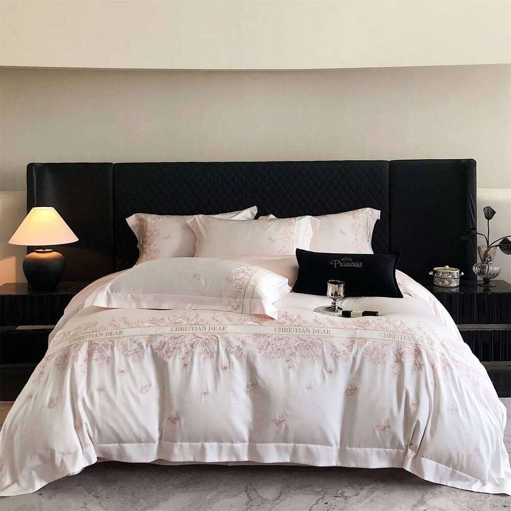 Pink Egyptian Cotton Flowers Embroidery Bedding Set Duvet Bedspread Sheet Pillowcases Mattress Cover King Queen Size H260312