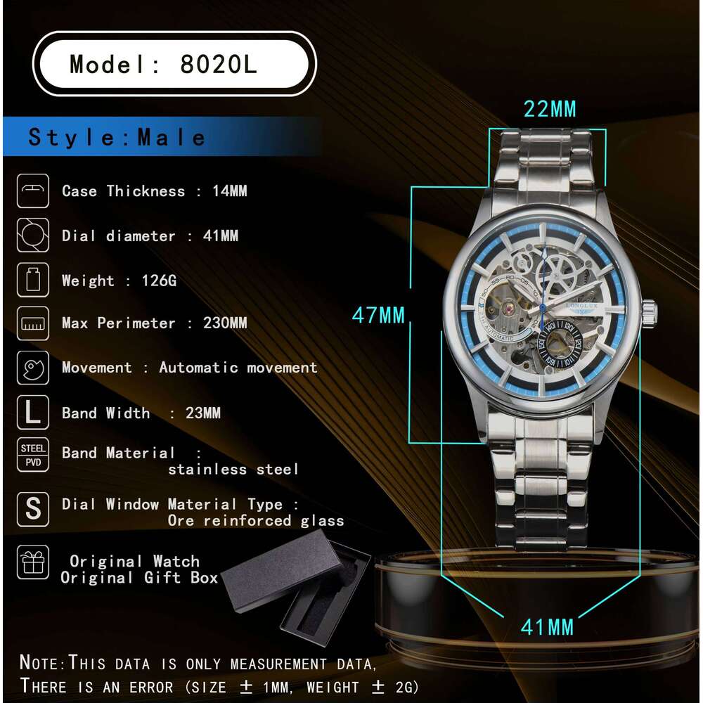 LONGLUX automatic man luxury wholesale mechanical wristwatches stainless steel skeleton waterproof mens watch men gift
