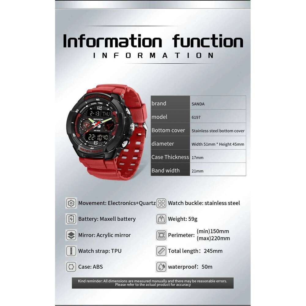 SANDA Top 6197 Korean Student Electronic Watch Sports Multi functional Alarm Clock Waterproof Men's Watches 2025