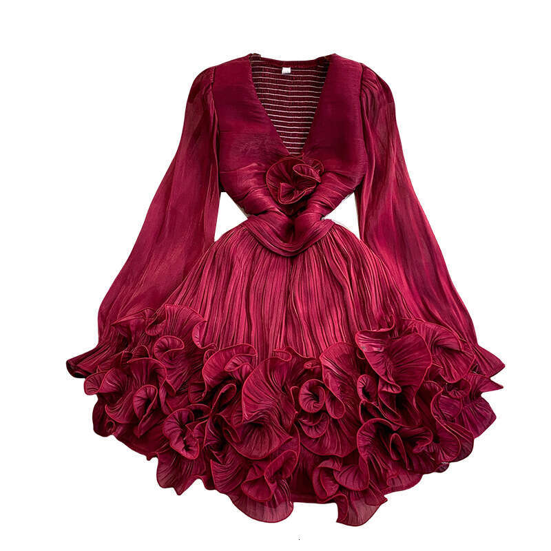 European and American internet celebrities niche A17 high-end shiny transparent V-neck dress with exquisite fluffy 3D ruffles