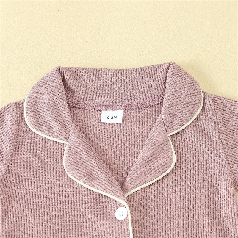 024months Baby Romper Pajama Lapel Neck Short Sleeve Trim Button Down Waffle Jumpsuit Infant Toddler Boys And Girls Sleepwear 260311