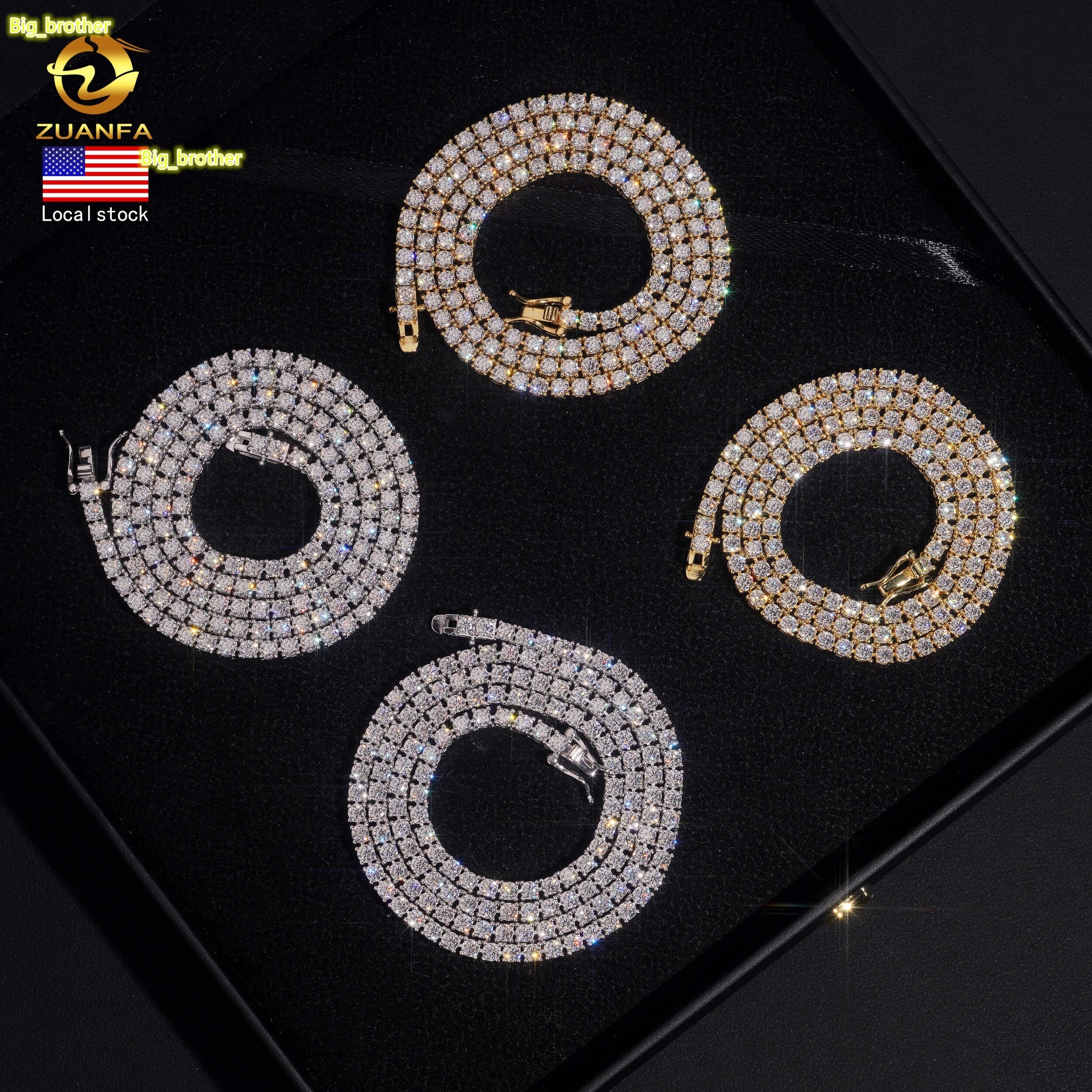 Ship in USA Warehouse Stock 3mm 925 Solid Silver Hip Hop Iced Out VVS1 Moissanite Diamond Cluster Tennis ChainBracelet