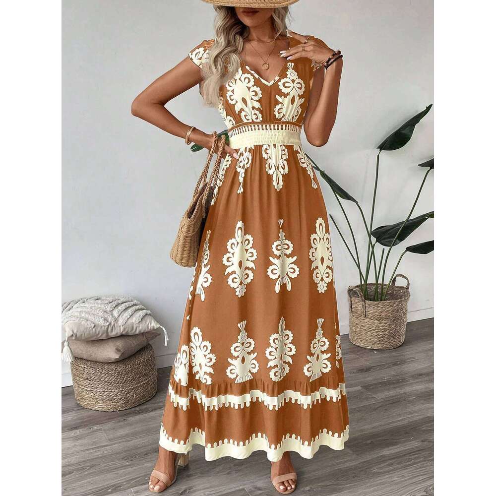 Women's V Neck Ruffle Hem A-Line Dress, Elegant All over Print, Elastic Waist, Moderate Fabric, Casual Vacation Wear C260312