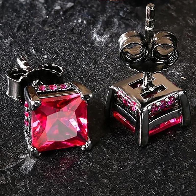 Red Crystal Square Stone Hip Hop Earring Vintage Black Gold Silver Color Earrings For Women Men Wedding Studs Engagement Jewelry 260309