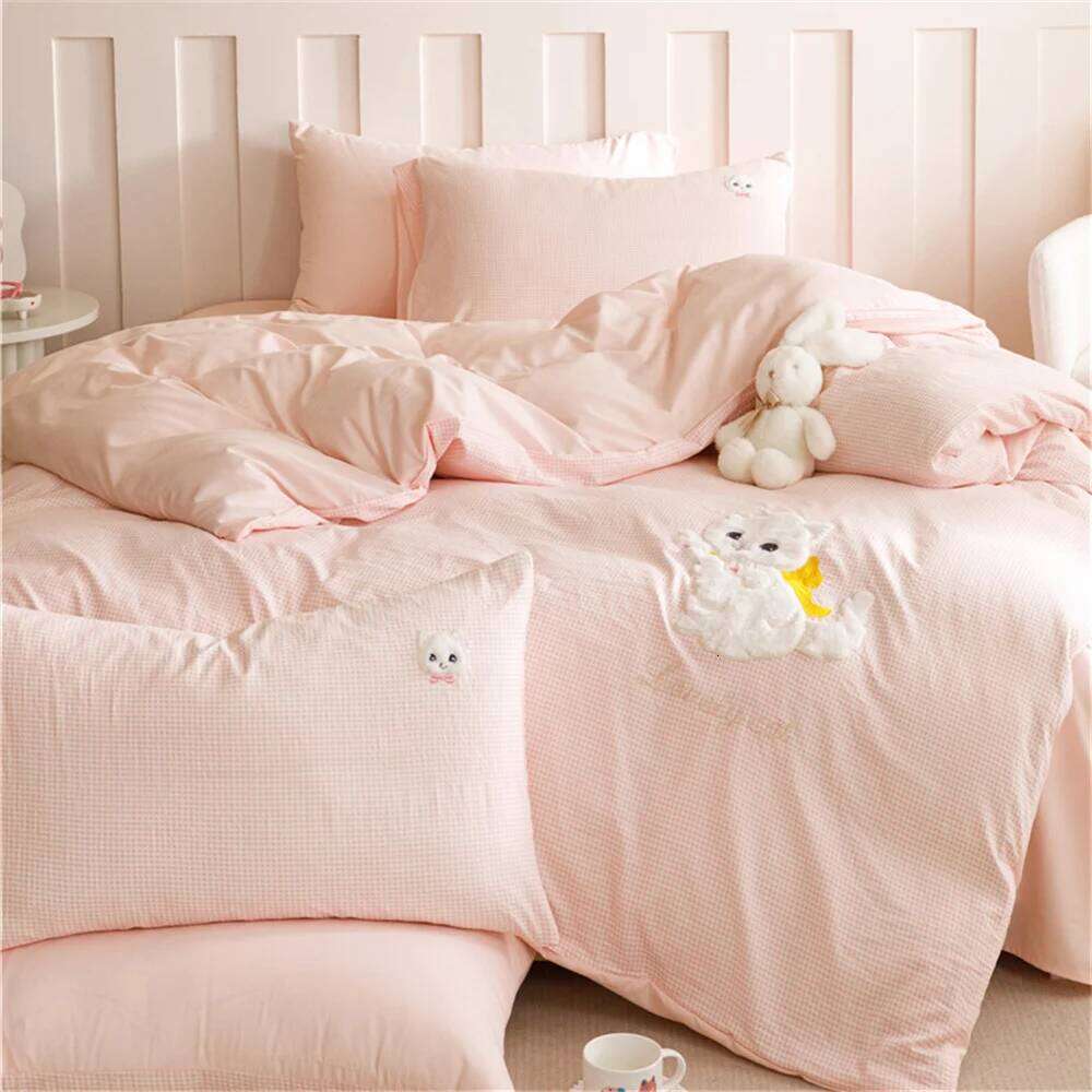 2025 New Spring Washing Cotton Four-Piece Set - Butterfly Cat Duvet Cover Solid Color Queen Size For Girls Woman Home Textiles H260312