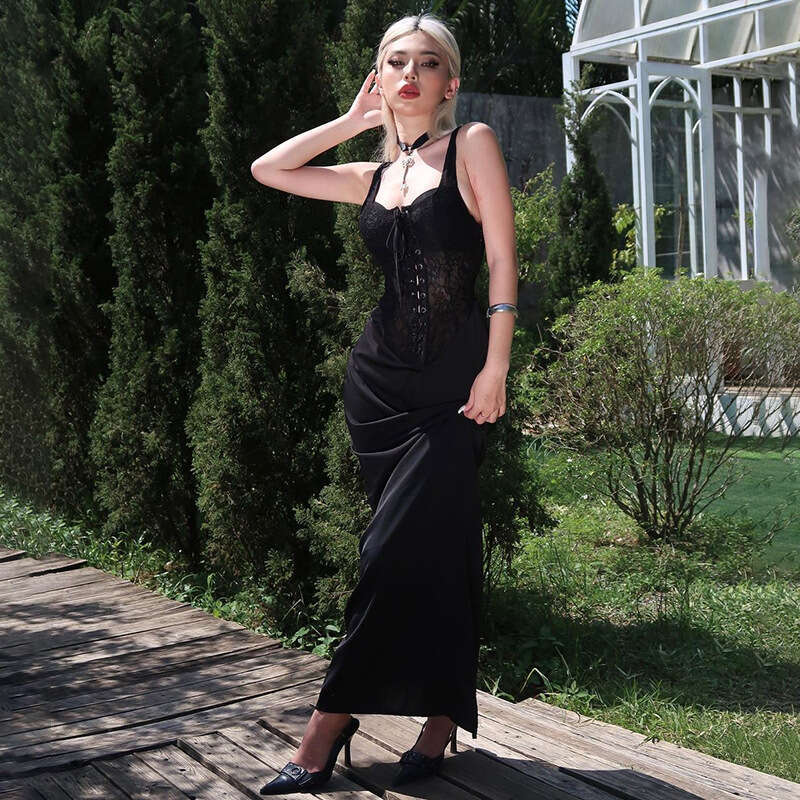 Summer New Sexy Hot Girl Long Elegant Slim Fit Vest Lace Patchwork Tie Dress For Women