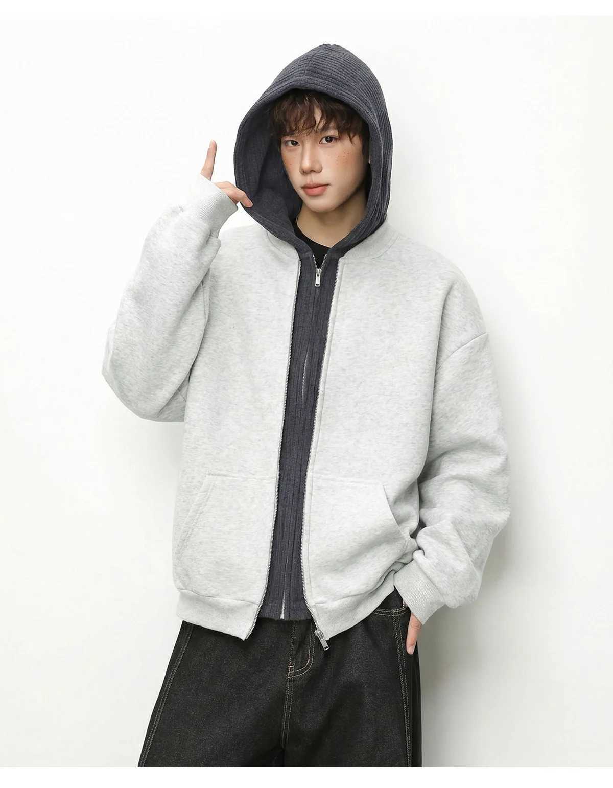 Heavyweight Textured Knit Patchwork Fake Two-Piece Cardigan Hooded Sweatshirt for Men Versatile Casual Outerwear M260312