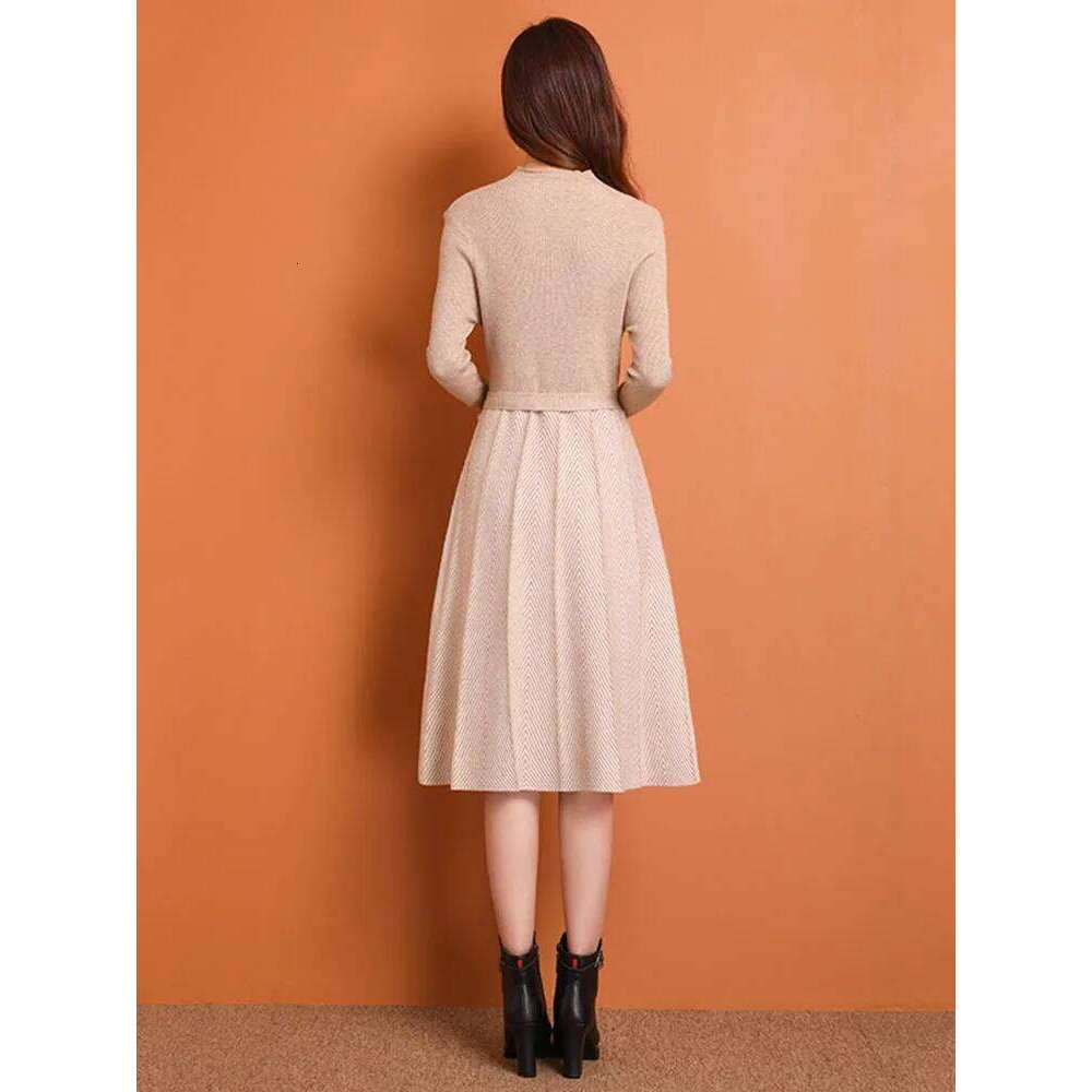 Women Elegant Knitwear Knee Length Vestidos Korean Stripe Knitted Midi Dresses With Belt Spring Fall Slim Long Sleeve Elbise New C260312