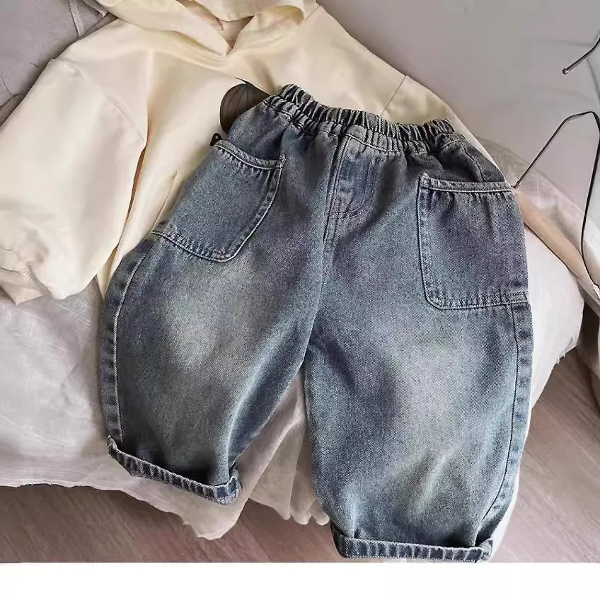 Spring Autumn Kid Boys Denim Pants Side Pocket Polished White Children Elastic Waist Casual Baby Trousers 260311