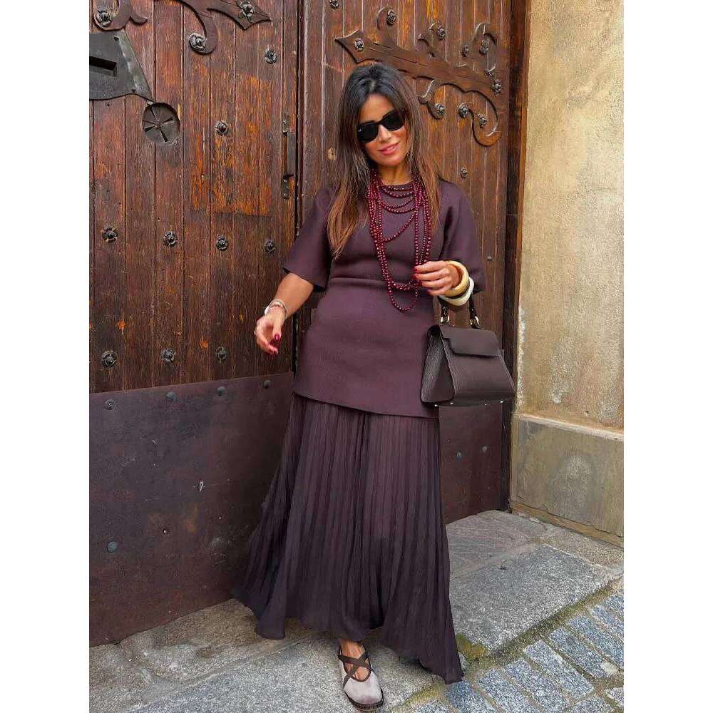 HH Women Elegant Half Sleeves O-Collar Pleated Spring Woman Rear Zipper Splicing Vintage Casual Knitted Long Dress C260312