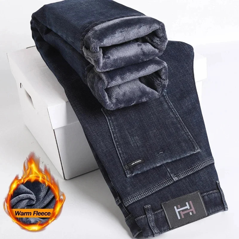 Winter Fleece Lined Warm Mens Jeans Slim Straight Korean Velvet Denim Pants Retro Soft Thick Casual Trousers Daily Outdoor Wear 260228