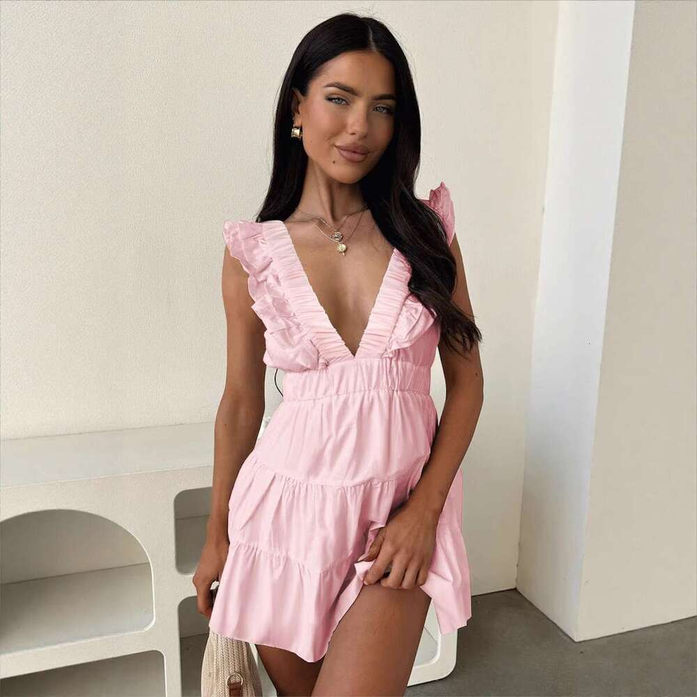 Summer Cross-Border Hot-Selling New European and American Style Slim Sleeveless Deep V-Neck Ruffled Sexy Elegant Dress